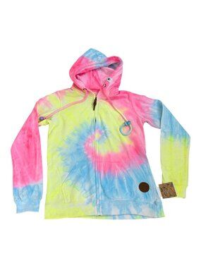 Pop Surf Full Zip Tie Dye Hoodie Womens Size Large L Pink Yellow Blue New